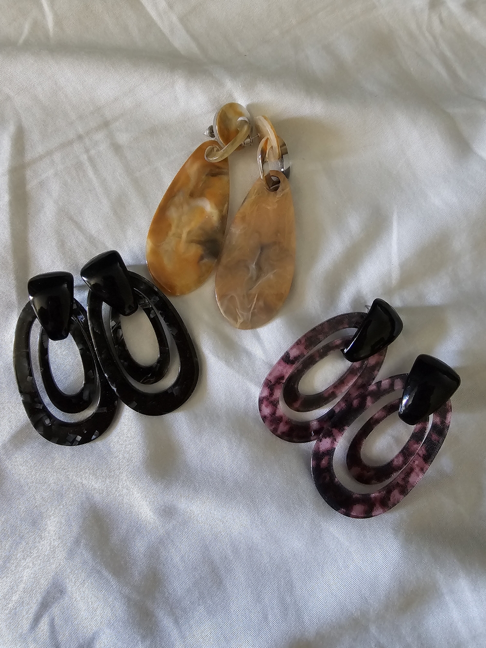 Trio of Resin Drop Hoop Earrings - Honey Amber, Black, and Purple Tortoiseshell